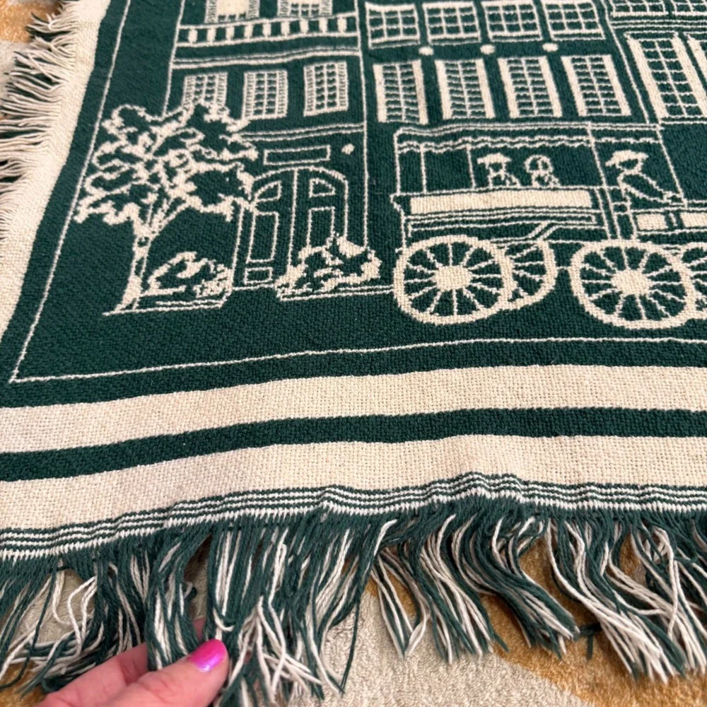 Charleston SC Woven Tapestry Throw Blanket Green Fringe Cotton Colonial Decor